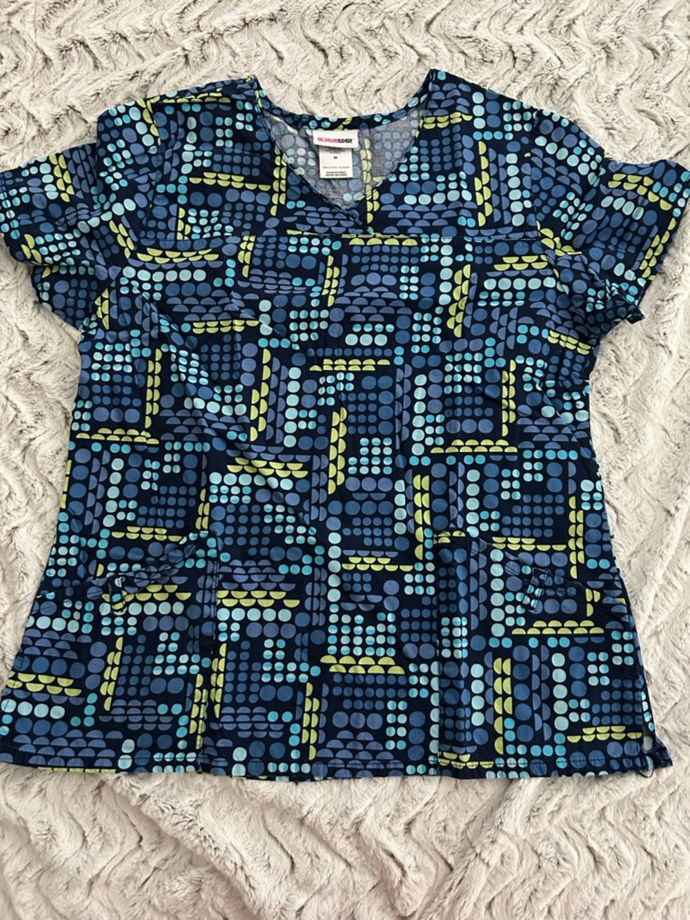Scrubstar Navy Blue, Light Blue & Lime Green Short Sleeve Scrub Top